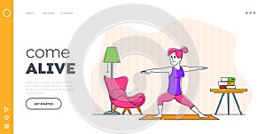 Girl Practicing Gymnastics Landing Page Template. Woman Character Stretching or Yoga Exercises at Home