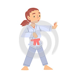 Girl Practicing Karate Martial Art, Kid Doing Sports, Healthy Lifestyle Concept Cartoon Style Vector Illustration