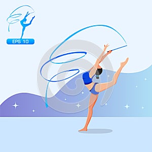 Girl practicing rhythmic gymnast performing with ribbon vector.