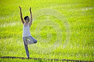 Girl practicing yoga,standing in paddy field