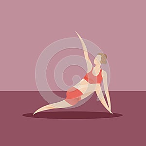 girl practising yoga in revolved side angle pose. Vector illustration decorative design