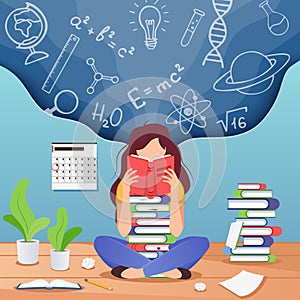Girl prepare to exam. Young woman sitting read book and thinking about formulas . Education, knowledge concept. School