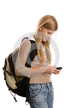 Girl preparing to school using cell phone