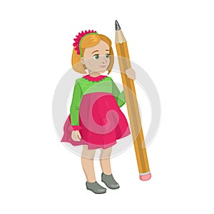 Girl preschooler in dress holds big pencil. Little artist. Vector Isolated Character