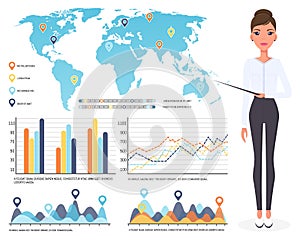 Girl presenting board with data and information infographic, different diagram on the world map