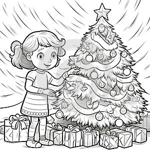 A girl, presents and a Christmas tree. Black and white coloring sheet. Xmas tree as a symbol of Christmas of the birth of the