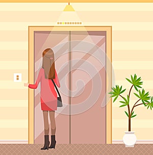 Girl presses elevator call button. Female passengers standing next to door of lift in hotel