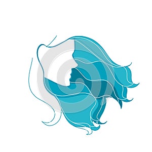 Girl profile silhouette logo with long hair illustration on white background, hairstyle, haircare, hairstyleBlue,