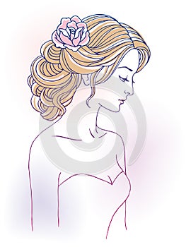 Girl in profile with wedding hair style with flowers, hand drawn sketch vector illustration