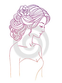 Girl in profile with wedding hair style with flowers, hand drawn sketch vector outline illustration