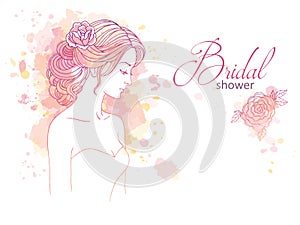 Girl in profile with wedding hair style with flowers, hand drawn sketch vector outline illustration