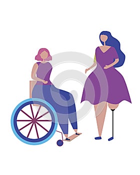 A girl with a prosthetic leg and a European woman in a wheelchair isolated on white background, a vector stock illustration as a