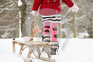 Girl Pulling Sledge Through Winter Landscape photo