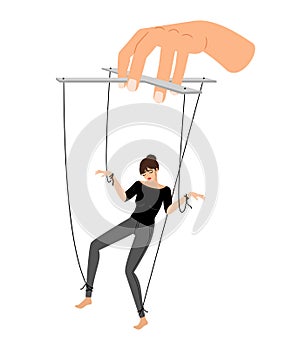 Girl puppet. Woman control violence, puppets marionette hand manipulation, people abused vector illustration, patriarchy photo