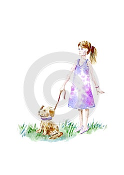 Girl and puppy. Child silhouette.