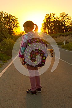 Girl and puppy on the road