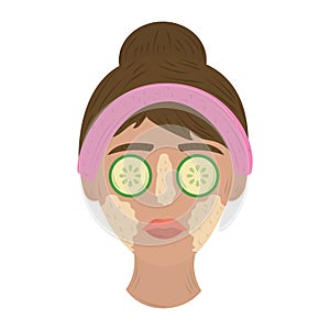 girl with purifying mask and cucumbers on eyes, care of skin daily routine