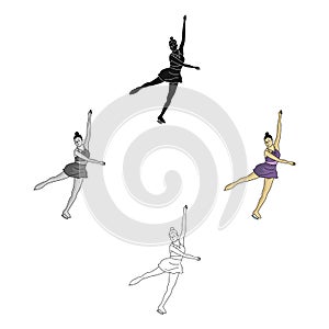 Girl in purple dress dancing on skates on ice.Athlete figure skaters.Olympic sports single icon in cartoon,black style