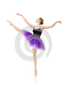 Girl in purple tutu and black leotard dance ballet