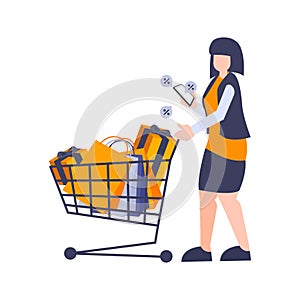 Girl pushing shopping trolleys. Woman enjoy shop during discount and promo with Bag and gift. Vector illustration flat design