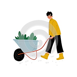 Girl Pushing Wheelbarrow with Seedlings, Young Woman Working in Garden or Farm Vector Illustration