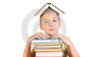 Girl put hands on pile books