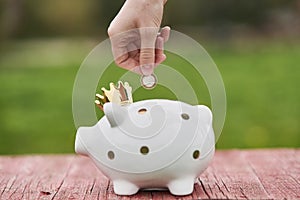 The girl puts 1 euro into the piggy bank. Girl saves for a dream. Investment, saving.