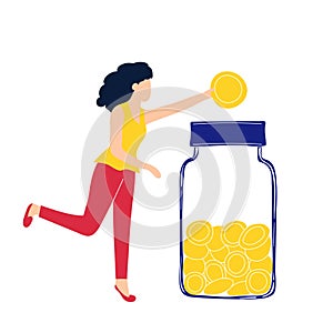 Girl puts a coin in a moneybox. Savings and investing money