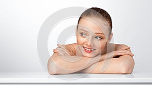 Girl Putting Her Head On Hands Posing In Studio, Panorama