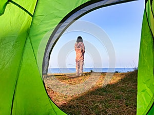 girl in pyjama dreams camping