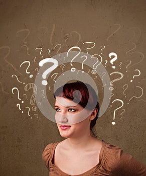 Girl with question mark symbols around her head