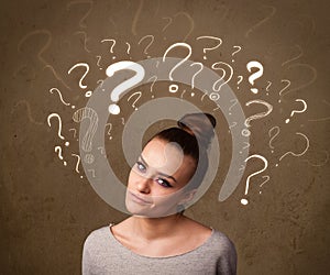 Girl with question mark symbols around her head