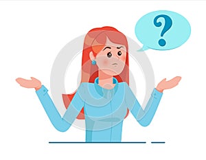 Girl with question mark in think bubble. Young troubled woman. People thinking or solving problem. Dilemma vector flat cartoon