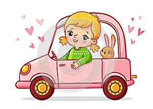 Girl with a rabbit is riding a pink car.