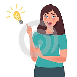 The girl raised her finger and was struck by an idea or decision. Thoughts, feelings, emotions, gestures. Vector graphics