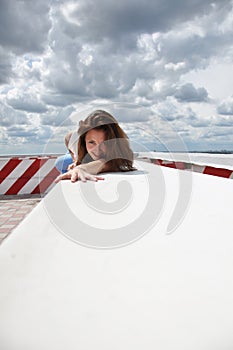 Girl reaches for hand. woman enjoying dramatic sky. copy space. reach the beauty. sexy woman dramatic sky. feeling flirty and