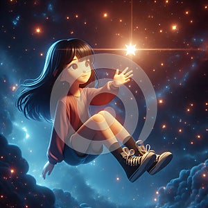 Girl reaches out to bright star in cosmic setting