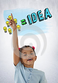 Girl reaching hand up with colorful idea light bulb graphics
