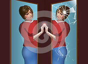 a girl reaching out from a mirror to touch the hand of a shattered mirror image of herself