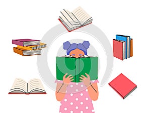 Girl reading book. Closed and open books. Illustration for bookstore, library, book shop. Literature, dictionaries