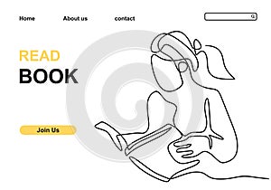 Girl reading a book continuous one line hand drawn minimalism style. Young woman enjoy read a book. Character little girl with