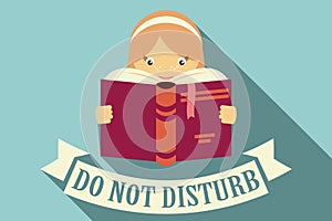 Girl reading a book, do not disturb sign, imagination and education concept