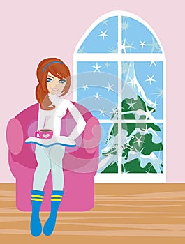 Girl Reading a book and drinking coffe