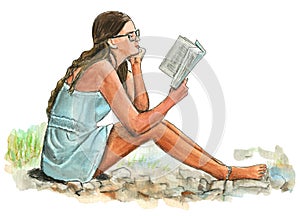 Girl Reading a Book in a Garden Illustration