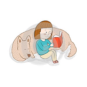 Girl reading a book with her sleeping dog