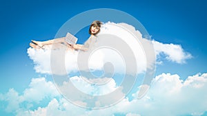 Girl reading a book while relaxing on a cloud. 3d illustration