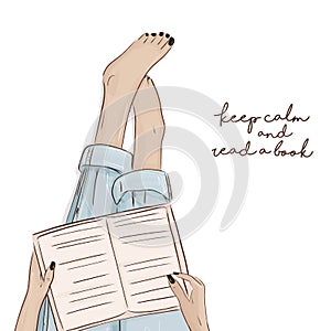 Girl reading book sketch illutration. Vector city character. Barefoot woman holding book on her legs atwork. Studen