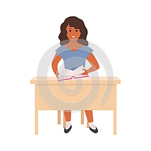 Girl reading book. Smart smiling child sitting on chair with books, happy clever student in classroom, education and