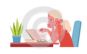 Girl reading book at table, learning scene with girl sitting at desk and turning pages