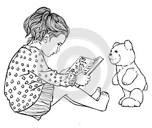 Girl is reading a book to a teddy bear..